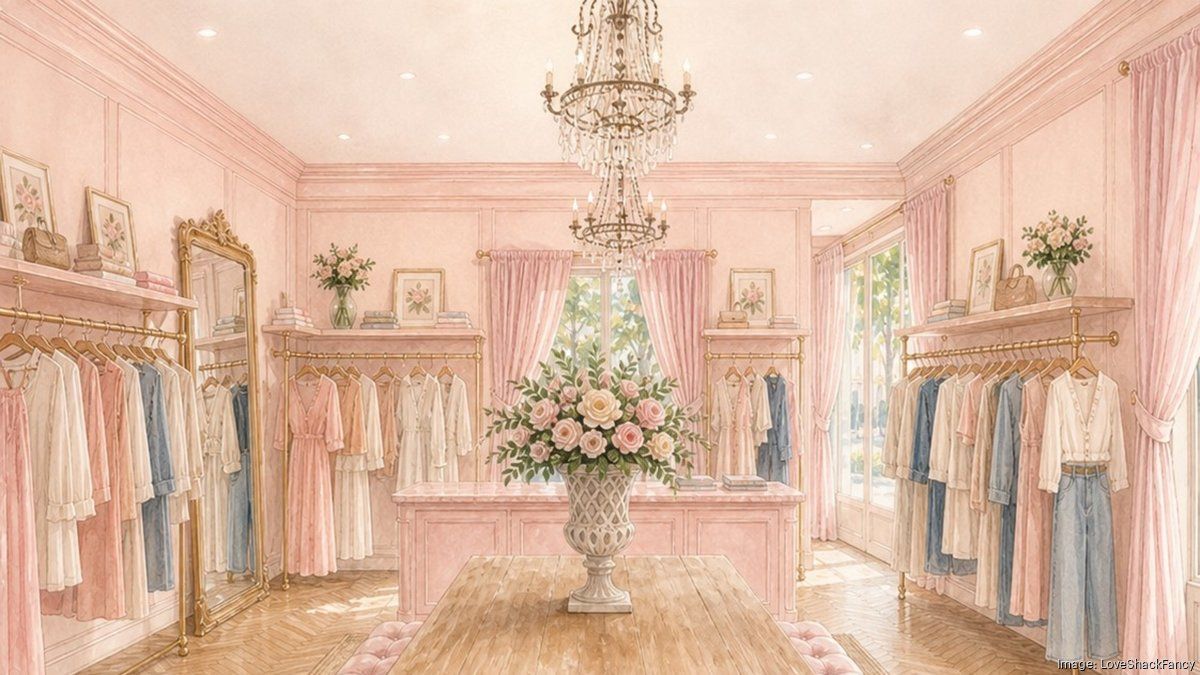 Rendering of the LoveShackFancy boutique opening at Hyde Park Village in Tampa, featuring the brand's signature blush interior and floral design.