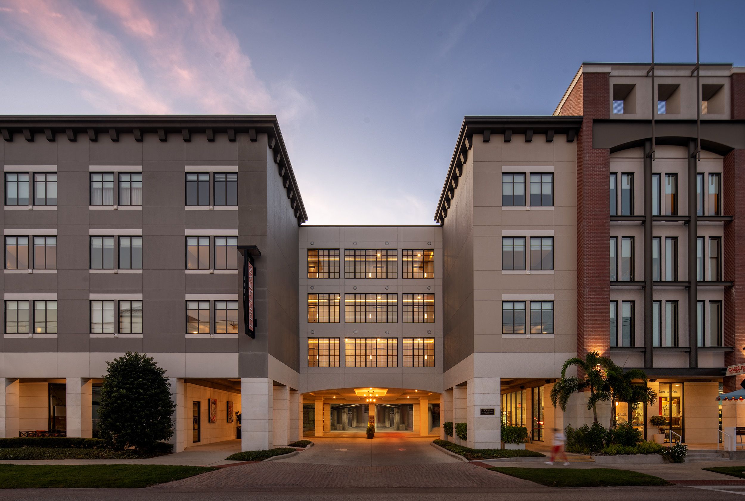 Exterior of the Epicurean Hotel along South Howard Avenue in Tampa at dusk.