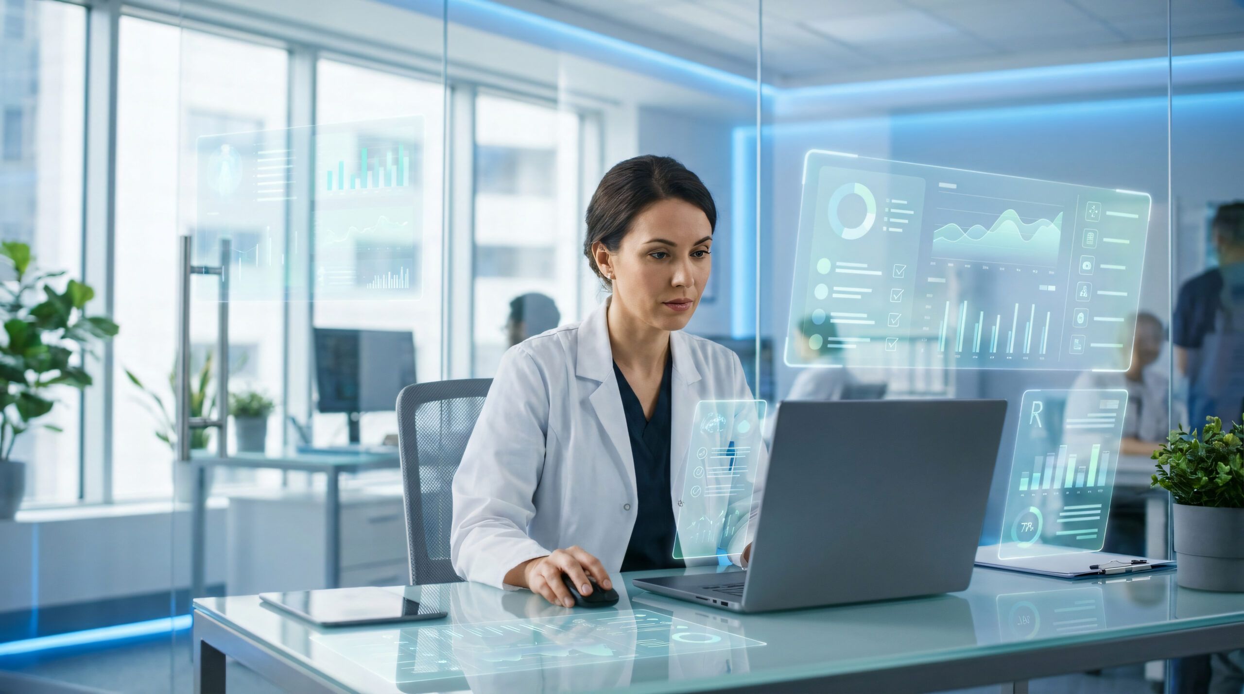 Health care professional reviews digital data dashboards on a laptop in a modern office.