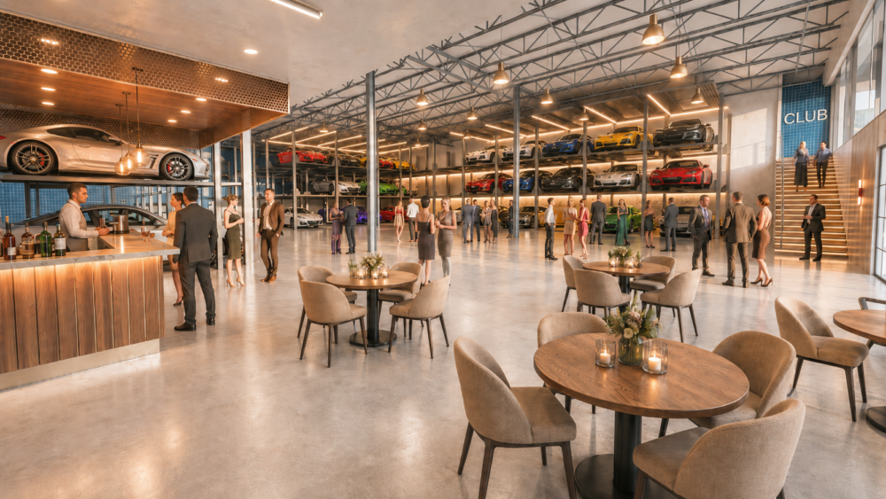 Luxury automotive venue with collector cars, dining tables and guests inside a converted industrial space