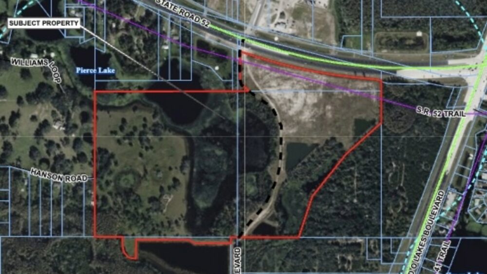 Aerial map showing the proposed 1,219-acre Mitchell U.S. 41 master-planned community site in Pasco County.