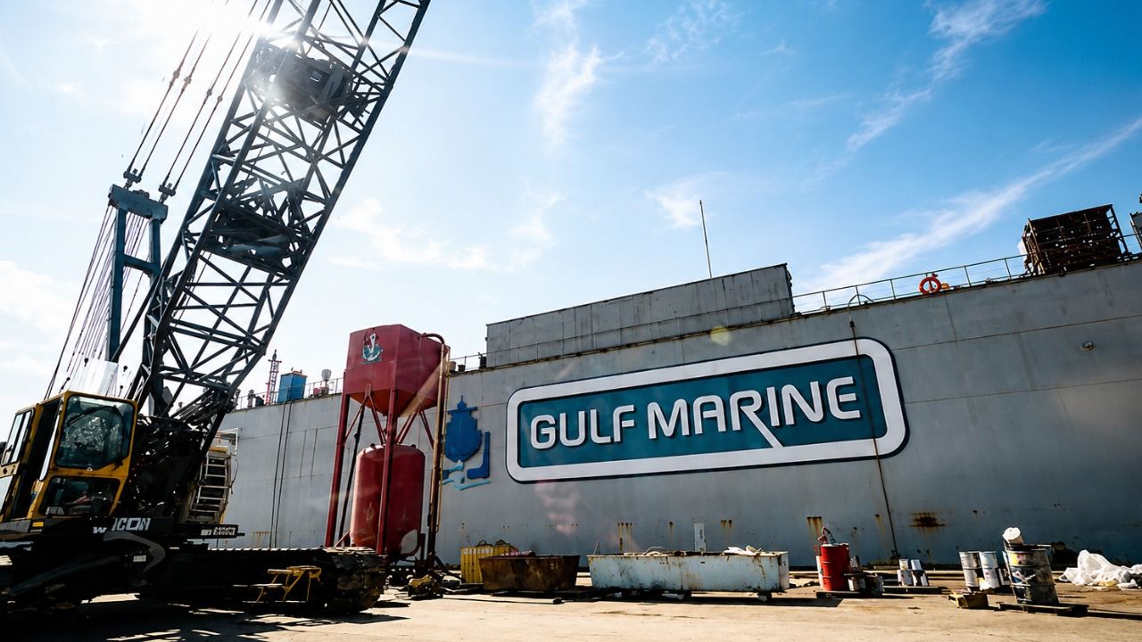 Gulf Marine shipyard in Tampa with a large crane beside the company’s waterfront industrial facility.