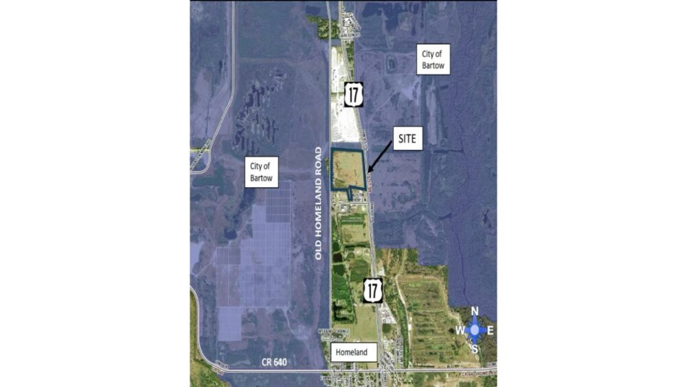 Aerial map showing the 71-acre Organic Matters site along U.S. 17 and Old Homeland Road near Bartow.
