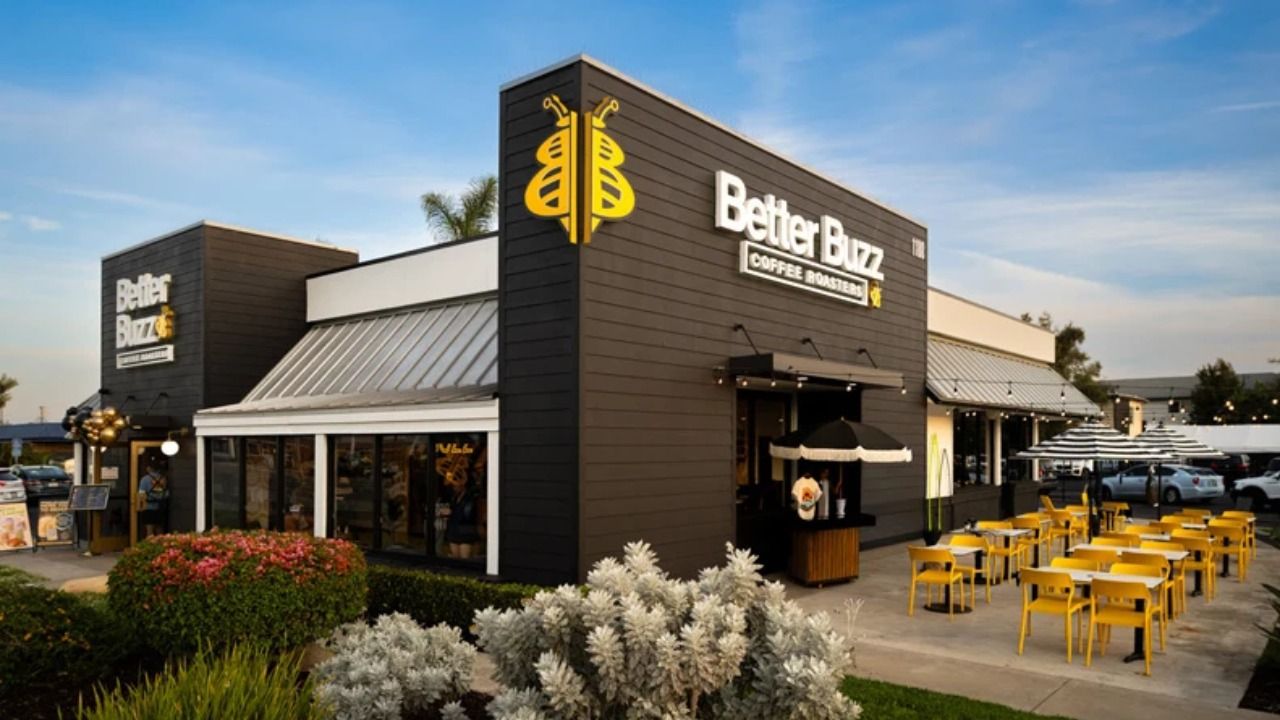 Better Buzz Coffee café with outdoor seating and yellow chairs