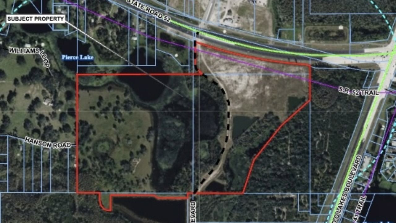 Aerial map showing the proposed 1,219-acre Mitchell U.S. 41 master-planned community site in Pasco County.