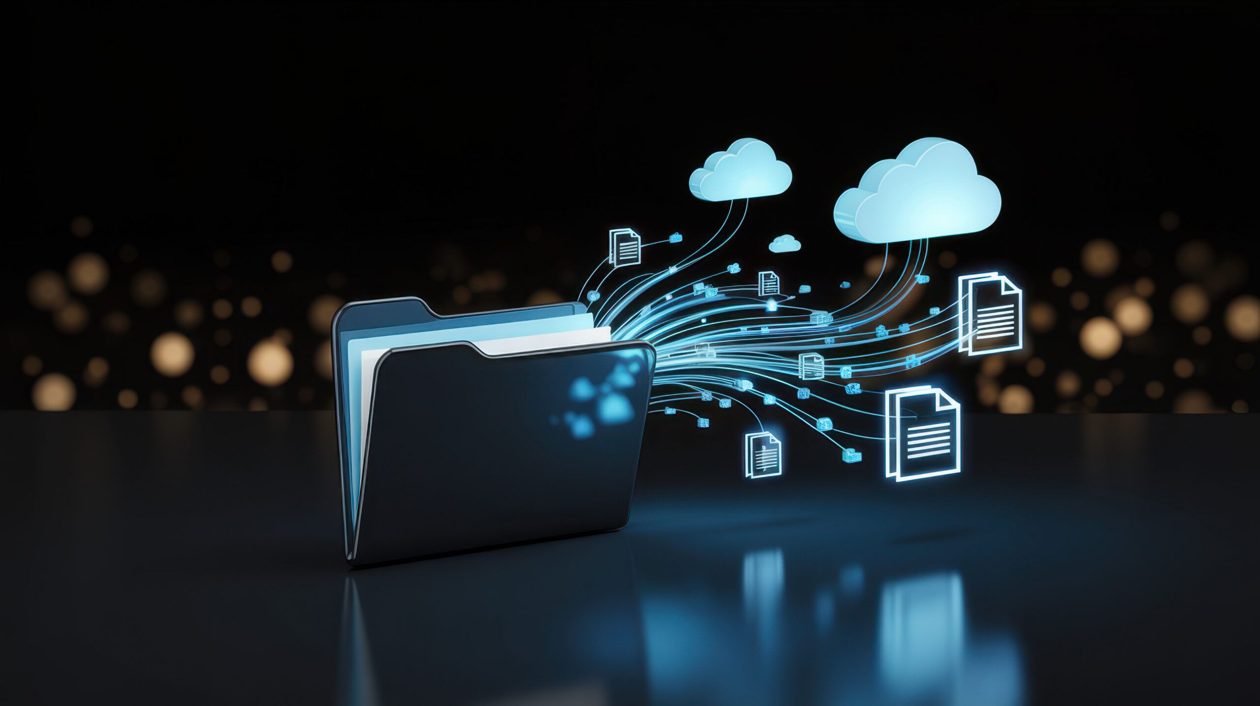 Digital illustration of files and data moving from a folder into cloud storage systems