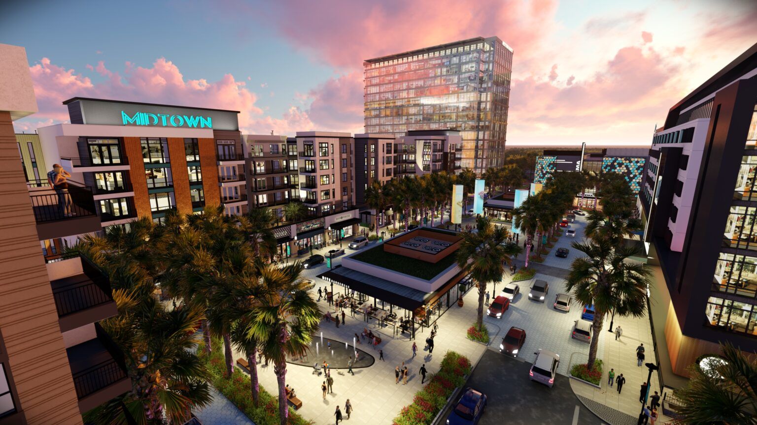 Rendering of Midtown Tampa’s central plaza with apartments, retail and office buildings at dusk