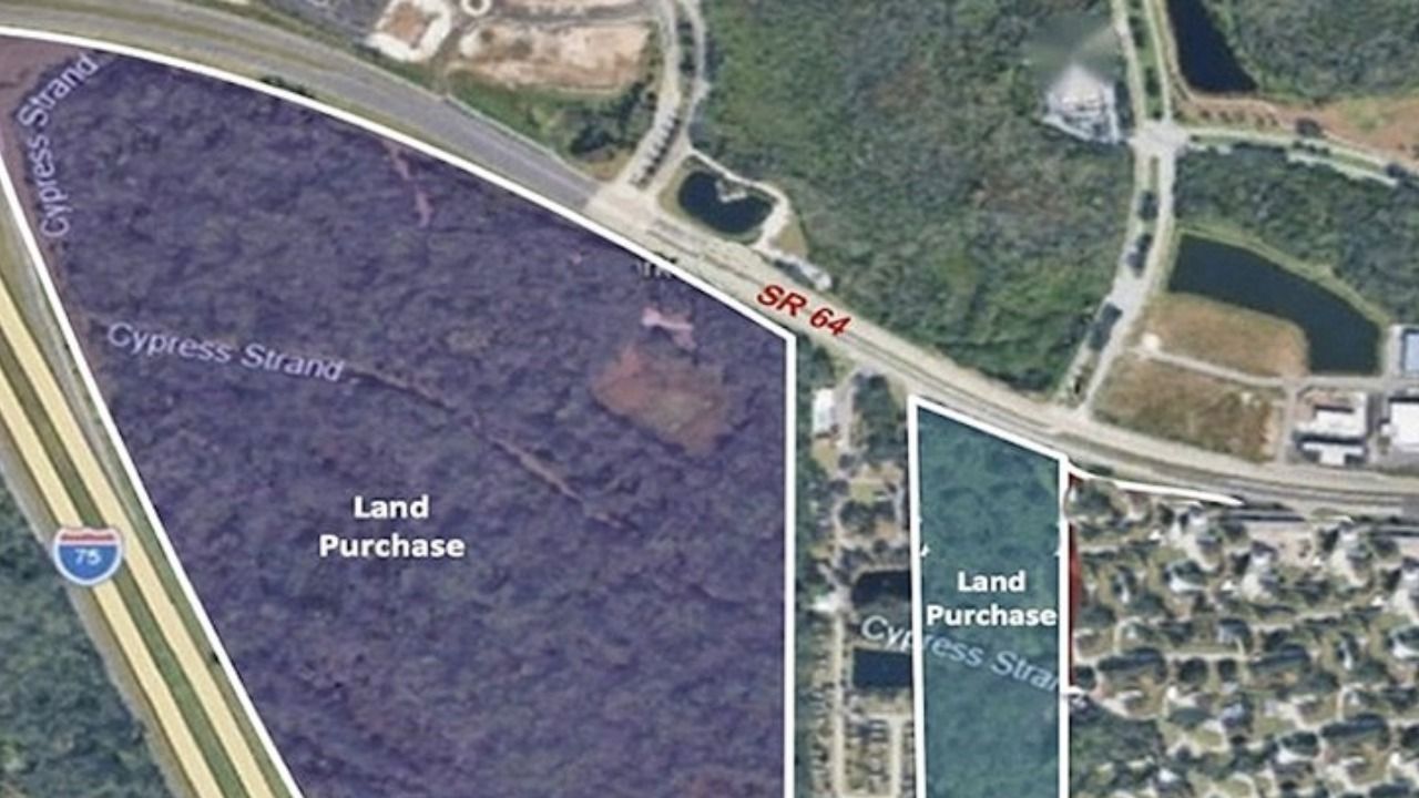 Map showing land along State Road 64 and Interstate 75 in Manatee County planned for Sarasota Memorial expansion