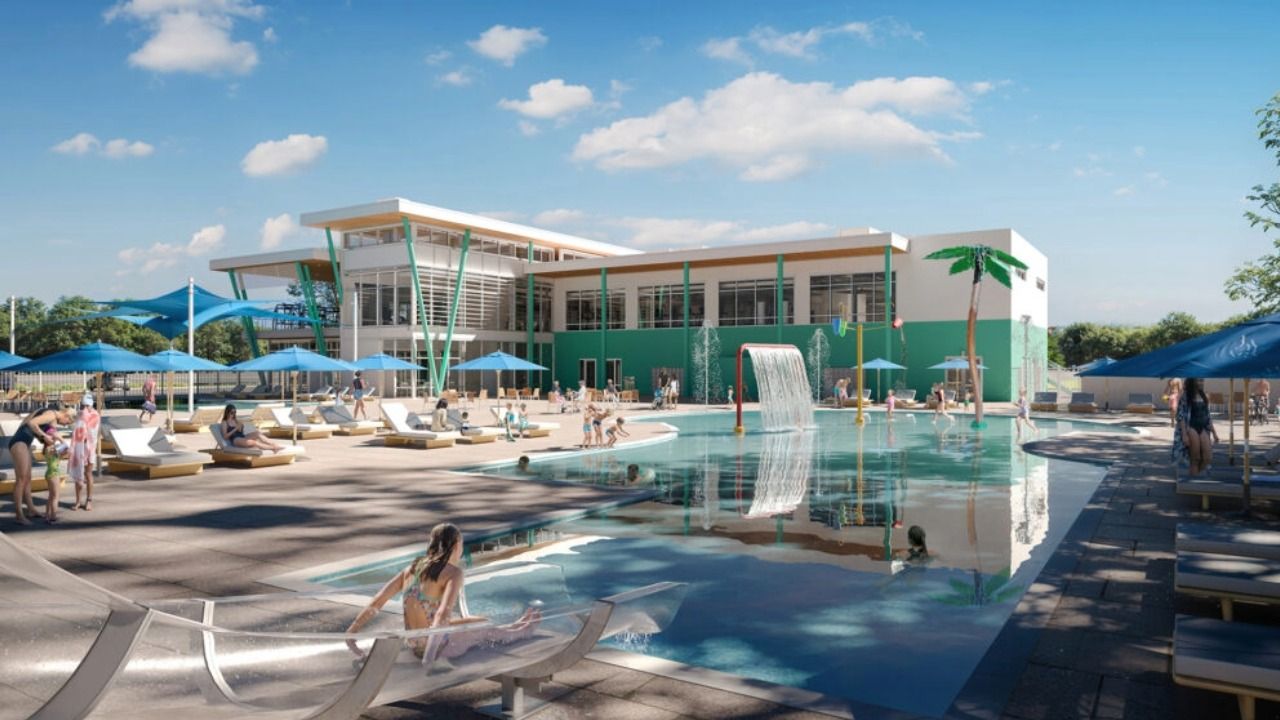 Rendering of the Mary W. Sierra Family YMCA in Wesley Chapel, showing its outdoor pool and recreation areas.