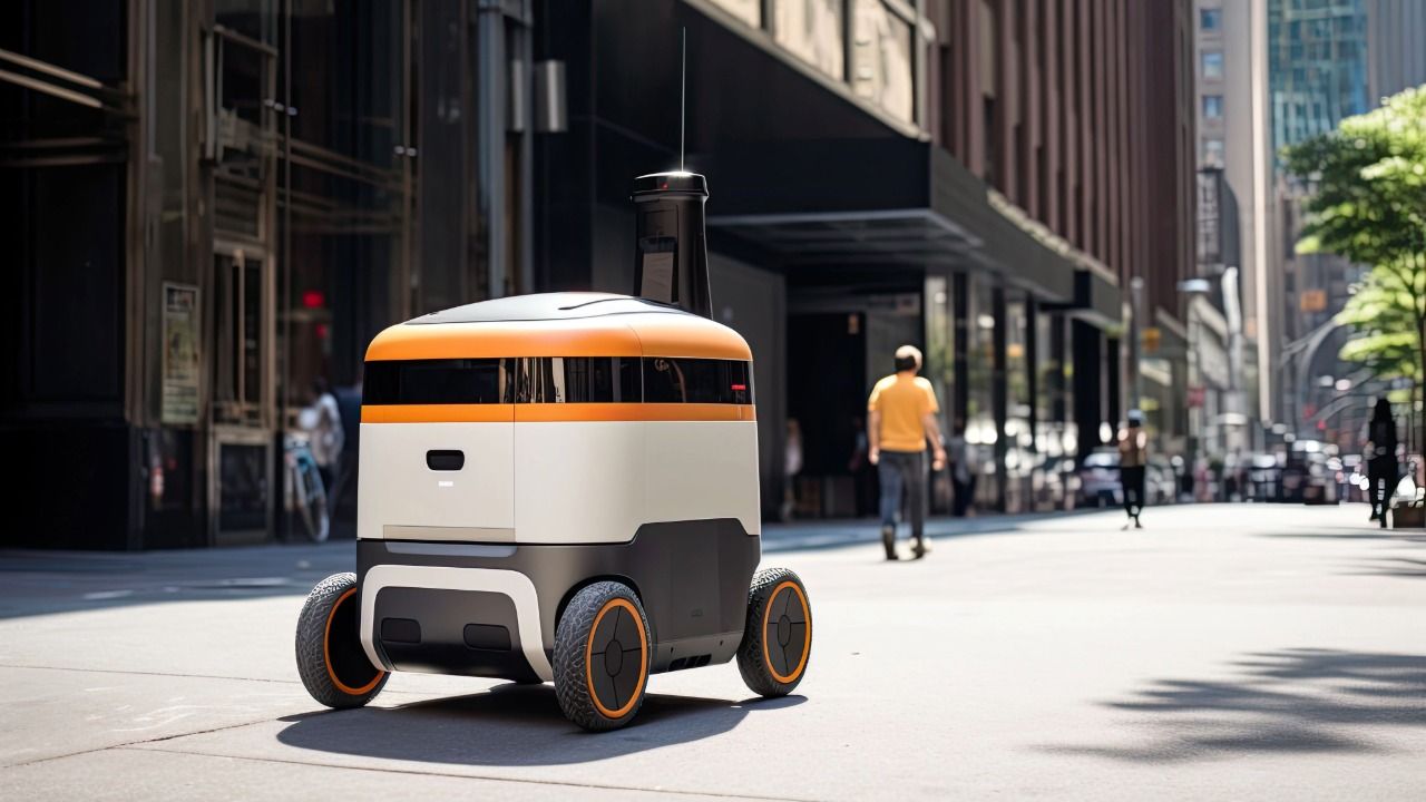 Autonomous food-delivery robot traveling along a downtown sidewalk near restaurants and pedestrians.