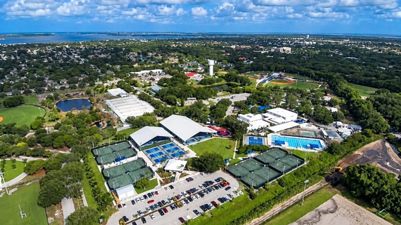Aerial view of G.T. Bray Park in Bradenton, including tennis courts, swimming pools, athletic fields and recreation facilities.