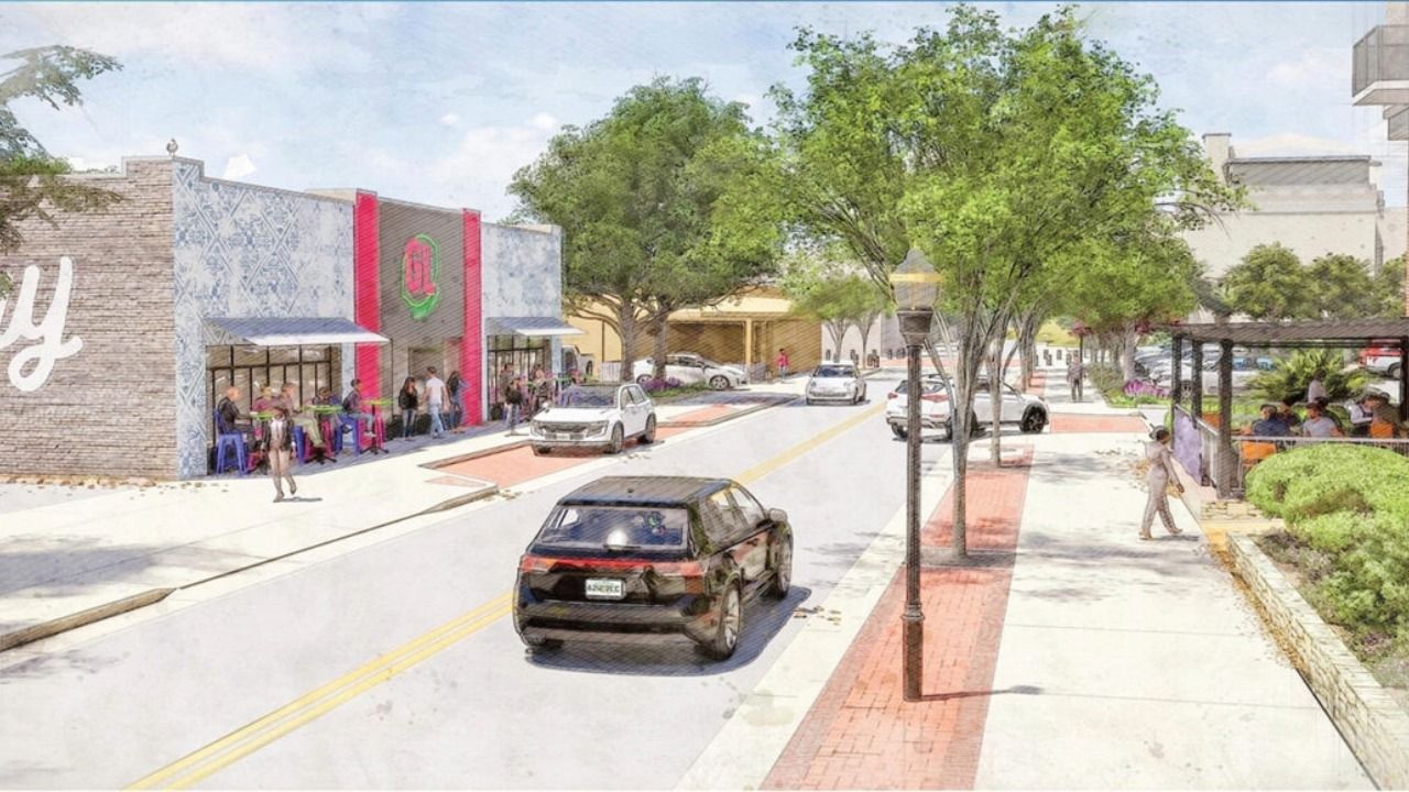 Rendering of planned South Howard Avenue streetscape improvements with trees, brick accents and outdoor dining.