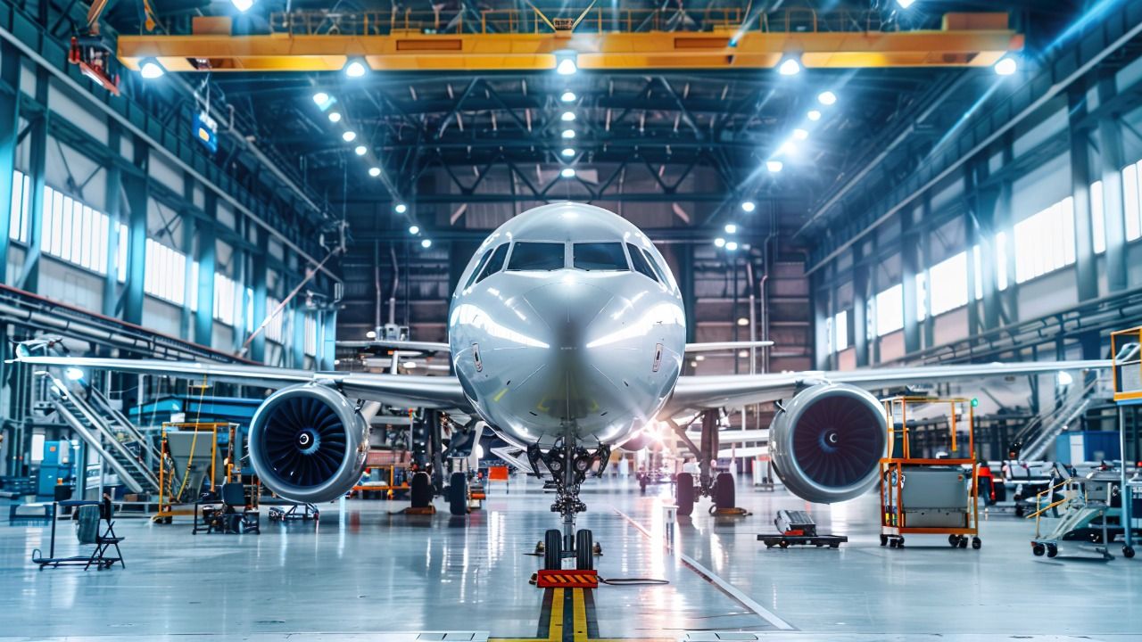 Commercial aircraft inside an aerospace manufacturing and maintenance facility
