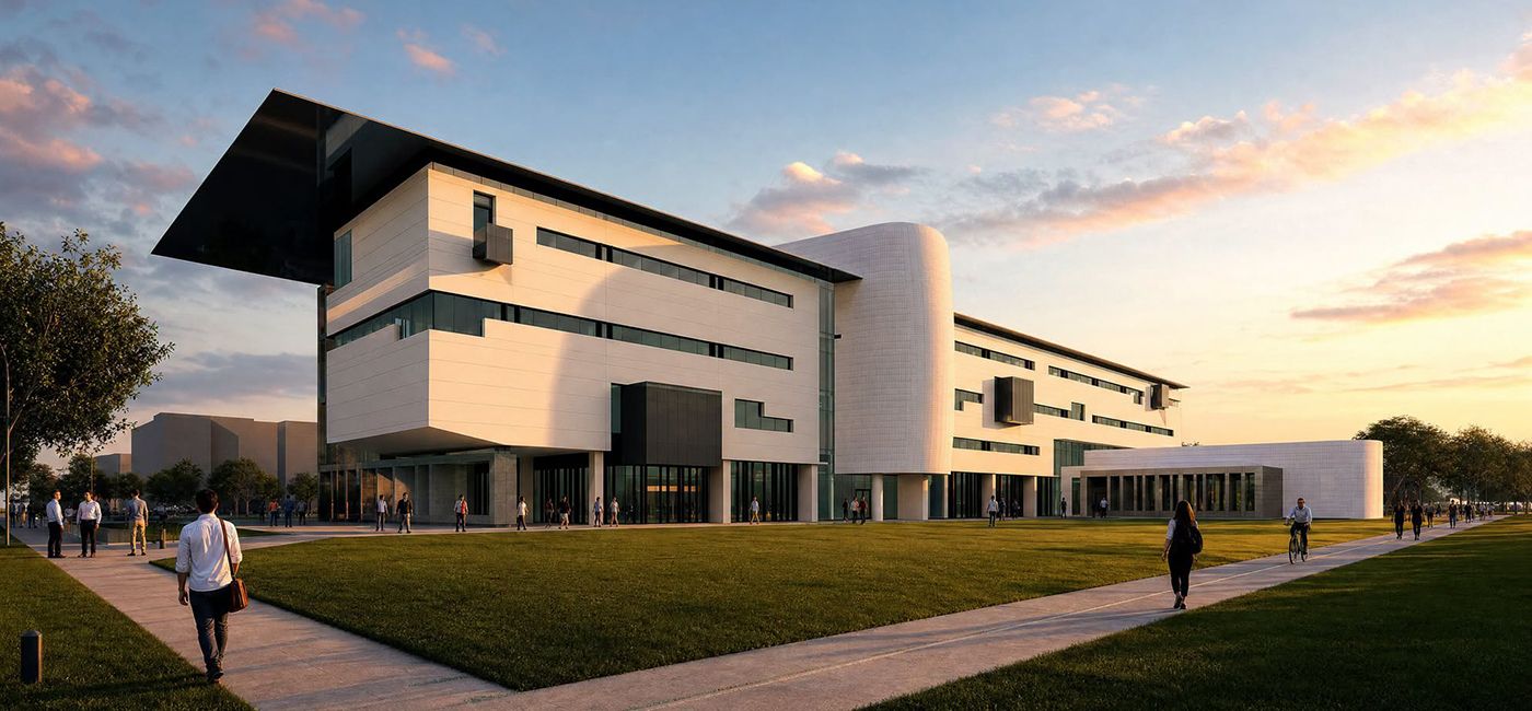 Architectural rendering of the proposed USF Bellini College of Artificial Intelligence, Cybersecurity and Computing building in Tampa.