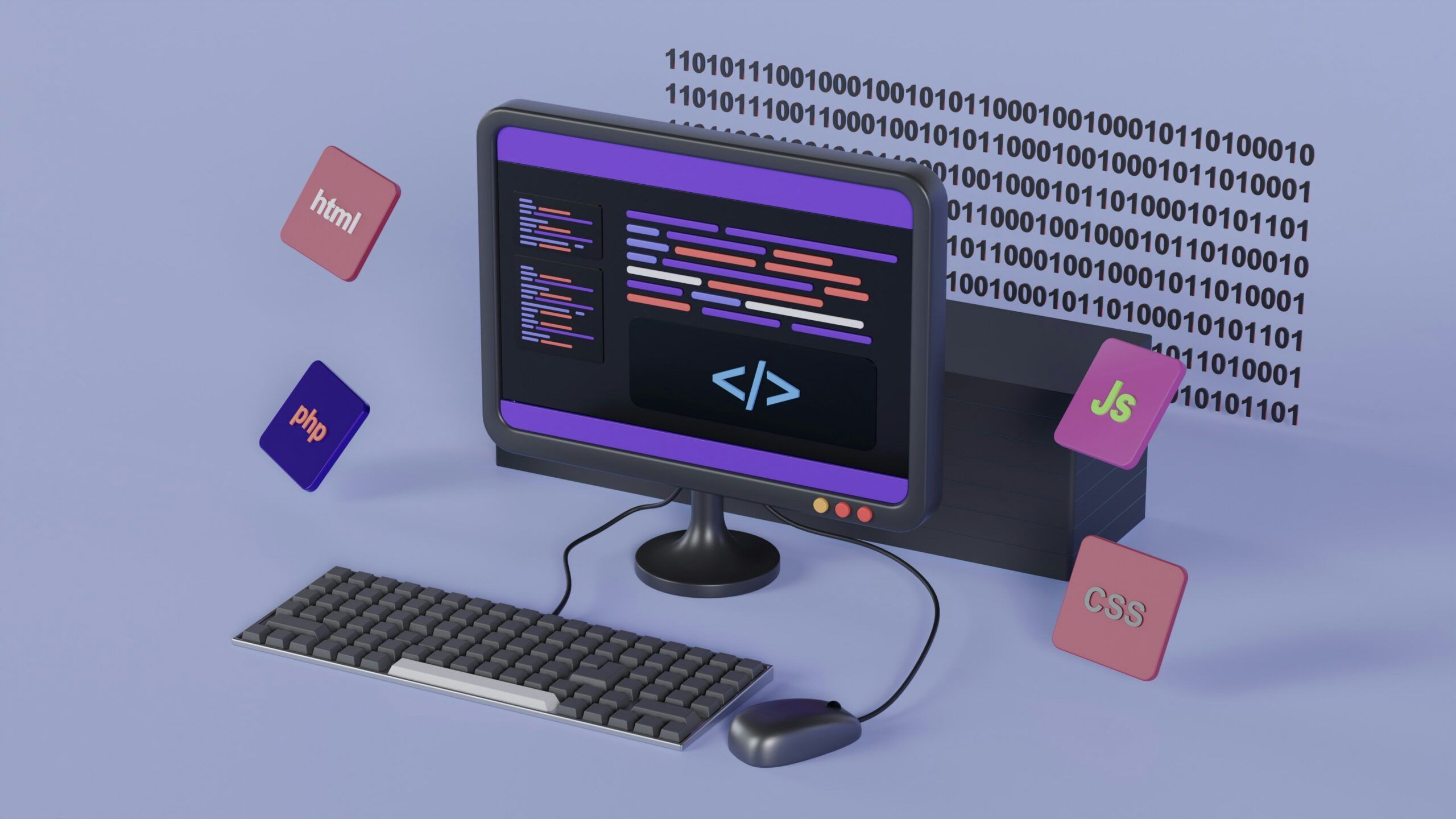 3D illustration of a computer displaying programming code, surrounded by HTML, PHP, JavaScript and CSS icons and binary digits.