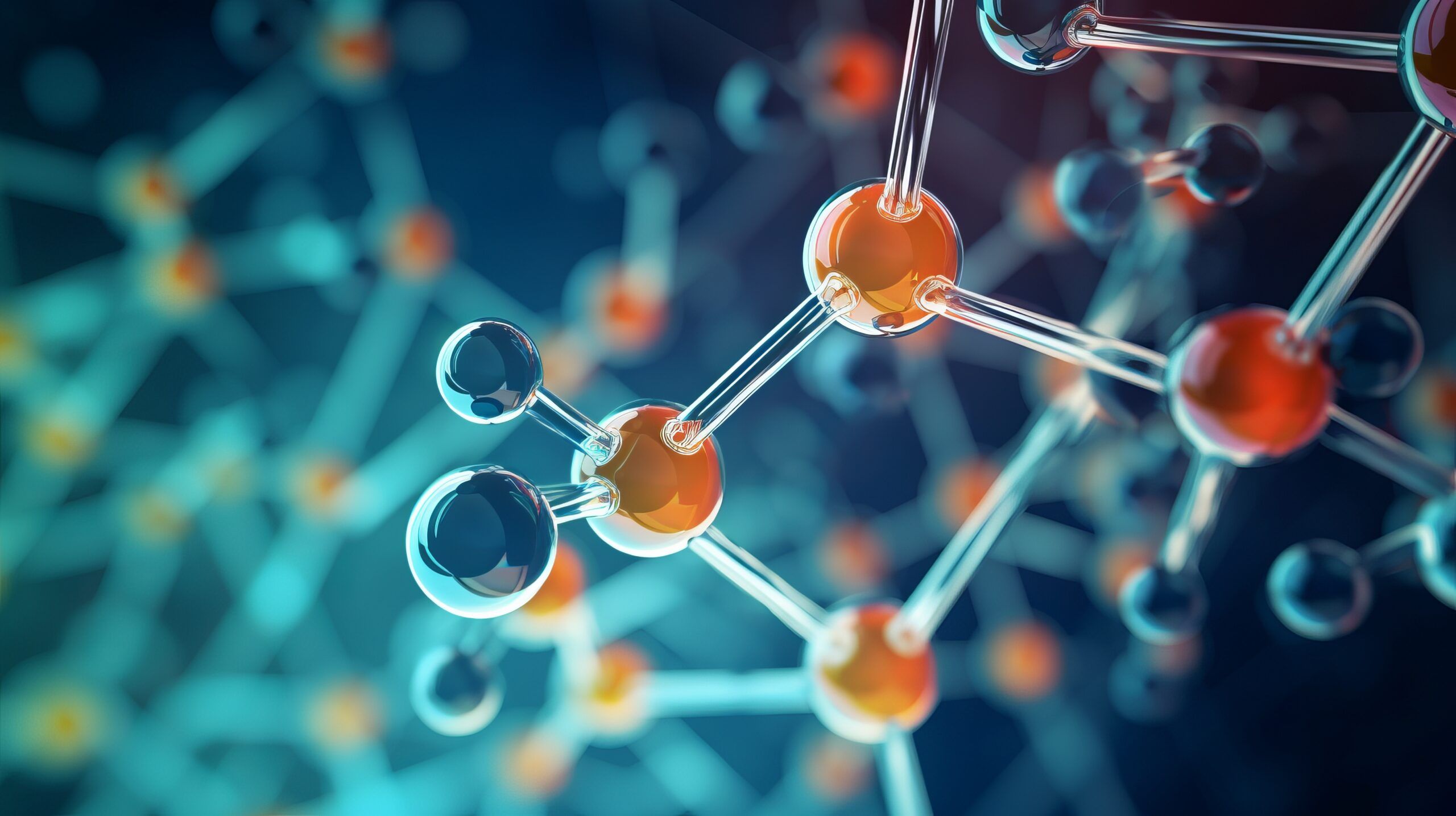 3D illustration of interconnected molecular structures representing biotechnology and drug development research.