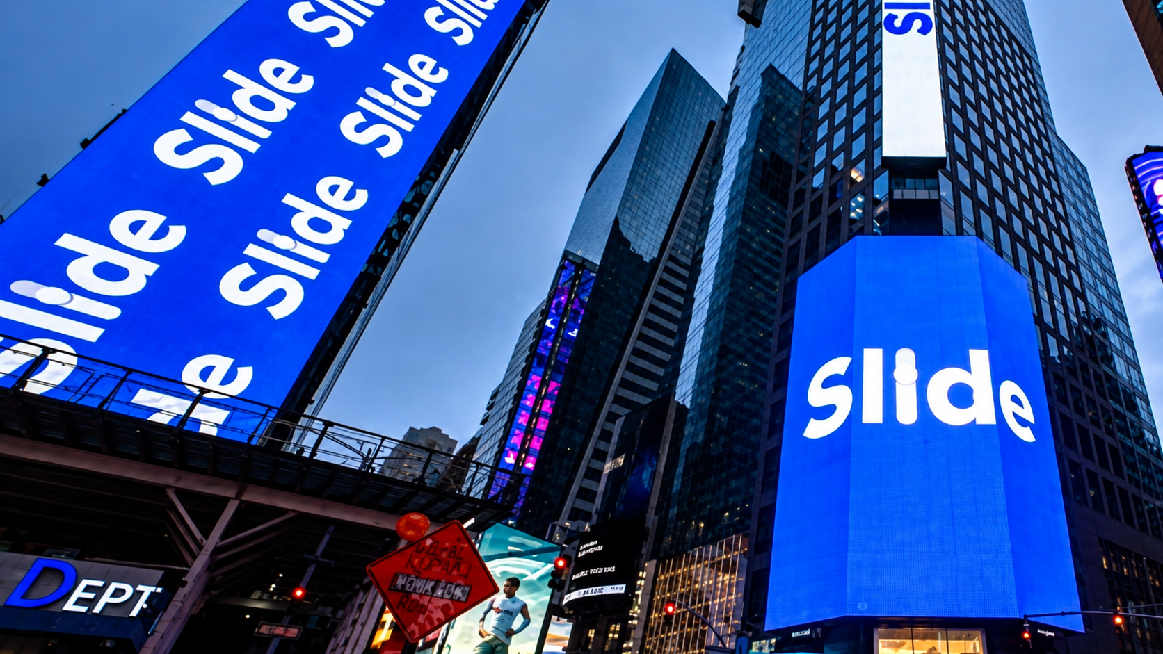 Slide Insurance branding illuminates large digital billboards above a busy city street.