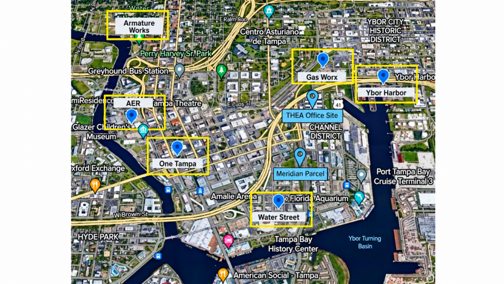 Map of downtown Tampa showing Tampa Expressway Authority's Meridian parcel and headquarters near Water Street, Channelside and Ybor City.