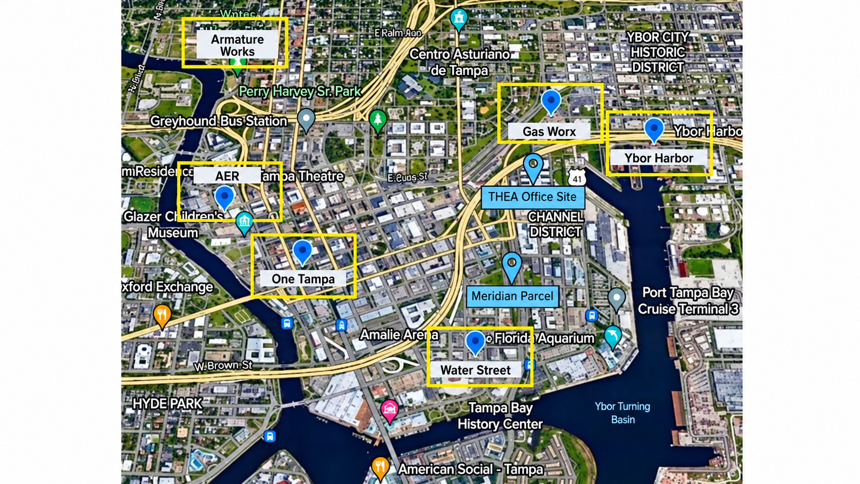 Map of downtown Tampa showing Tampa Expressway Authority's Meridian parcel and headquarters near Water Street, Channelside and Ybor City.