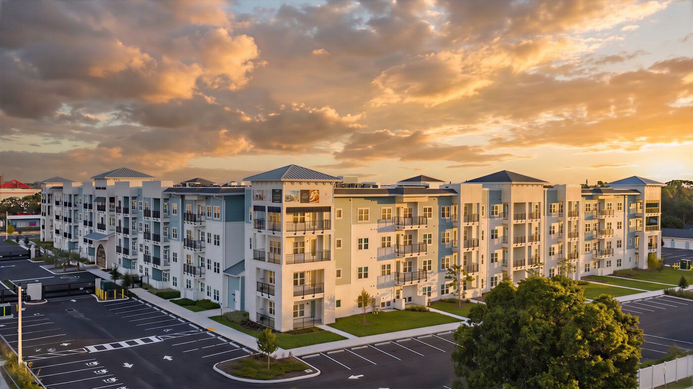 Lantower Bayside apartment complex in Largo, Florida, featuring four-story buildings and balconies.