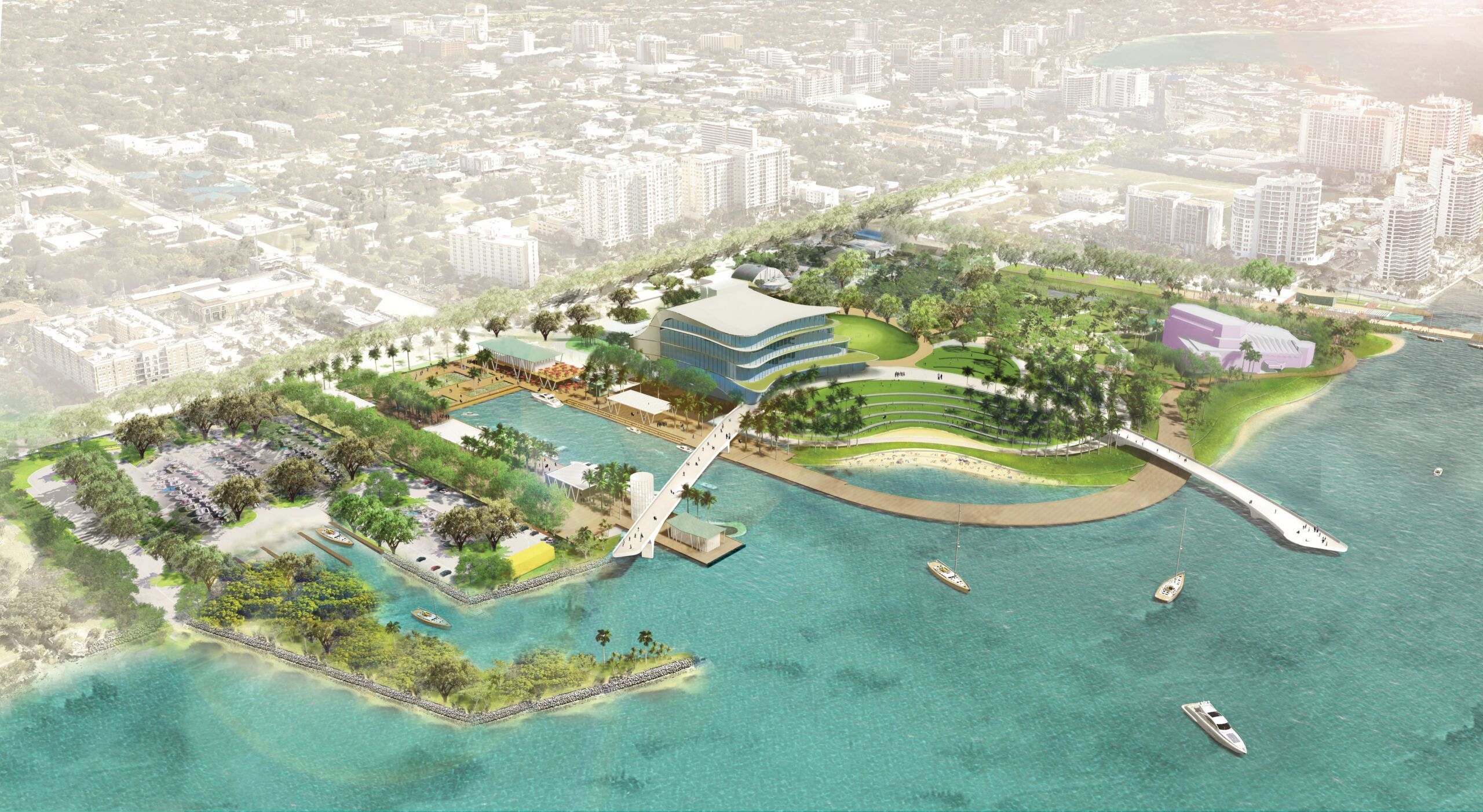 Aerial rendering of the proposed Sarasota Performing Arts Center at The Bay, showing the waterfront venue and surrounding park.
