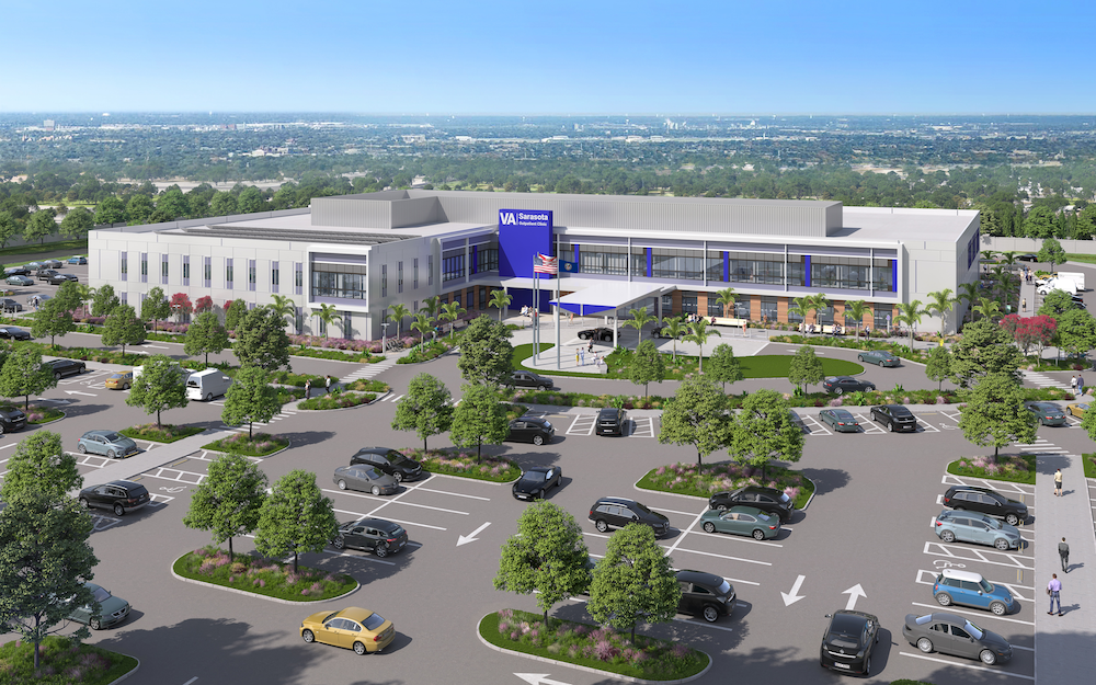 Architectural renderings of the planned 135,000-square-foot Sarasota VA outpatient clinic and its interior spaces.