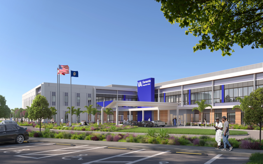 Architectural renderings of the planned 135,000-square-foot Sarasota VA outpatient clinic and its interior spaces.
