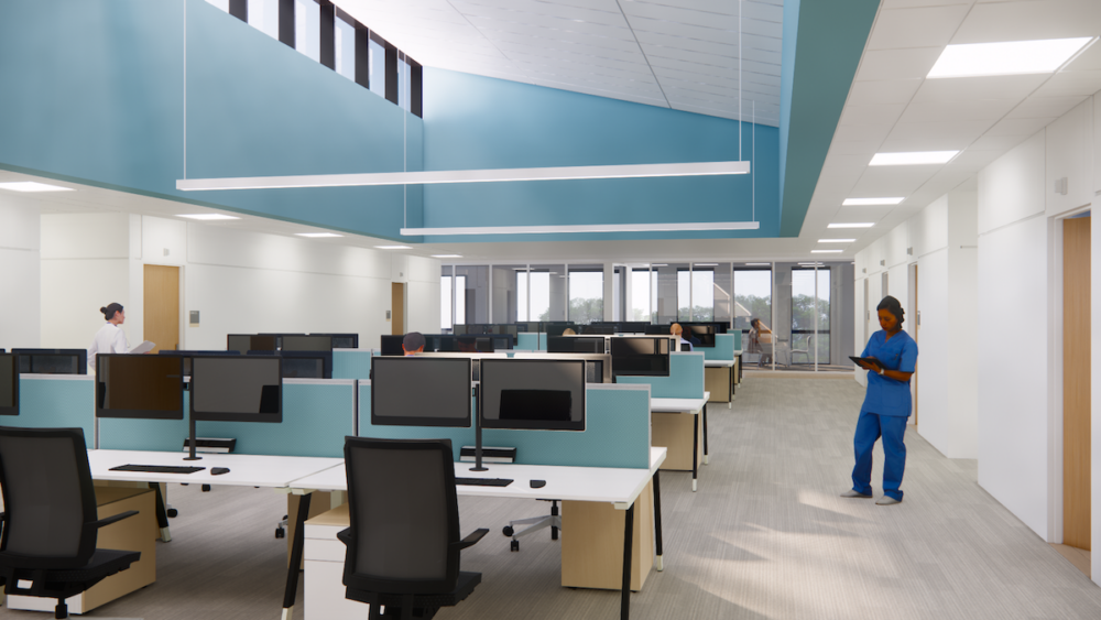 Architectural renderings of the planned 135,000-square-foot Sarasota VA outpatient clinic and its interior spaces.
