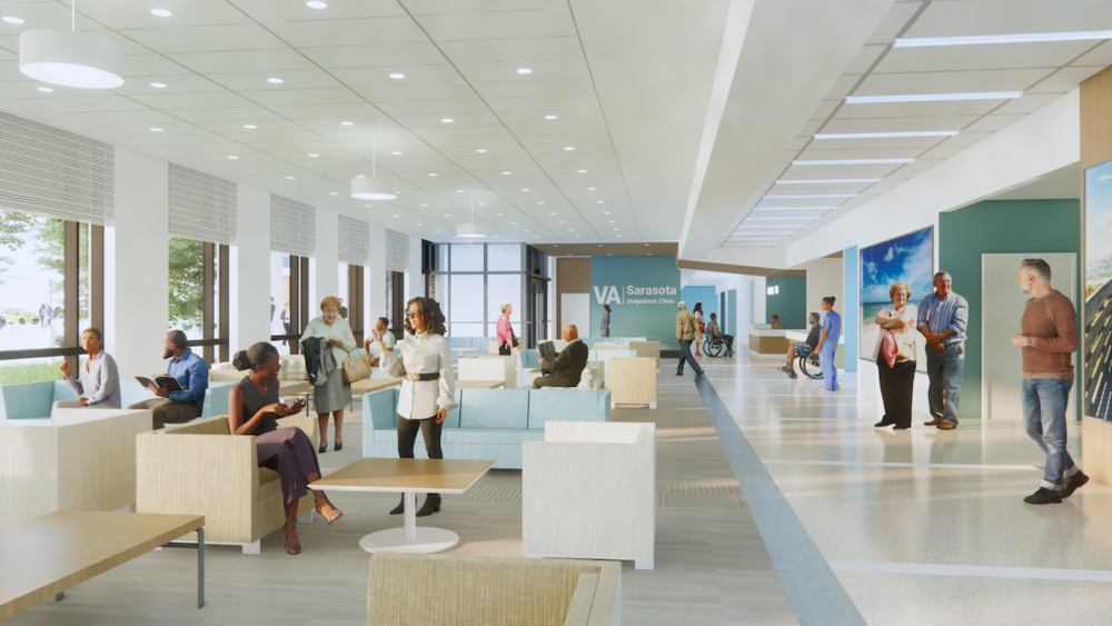 Architectural renderings of the planned 135,000-square-foot Sarasota VA outpatient clinic and its interior spaces.