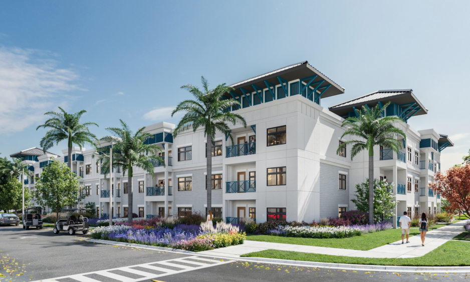 Architectural rendering of The Fields at SeaFlower apartments in West Bradenton, featuring three-story buildings, palm trees and landscaped walkways.