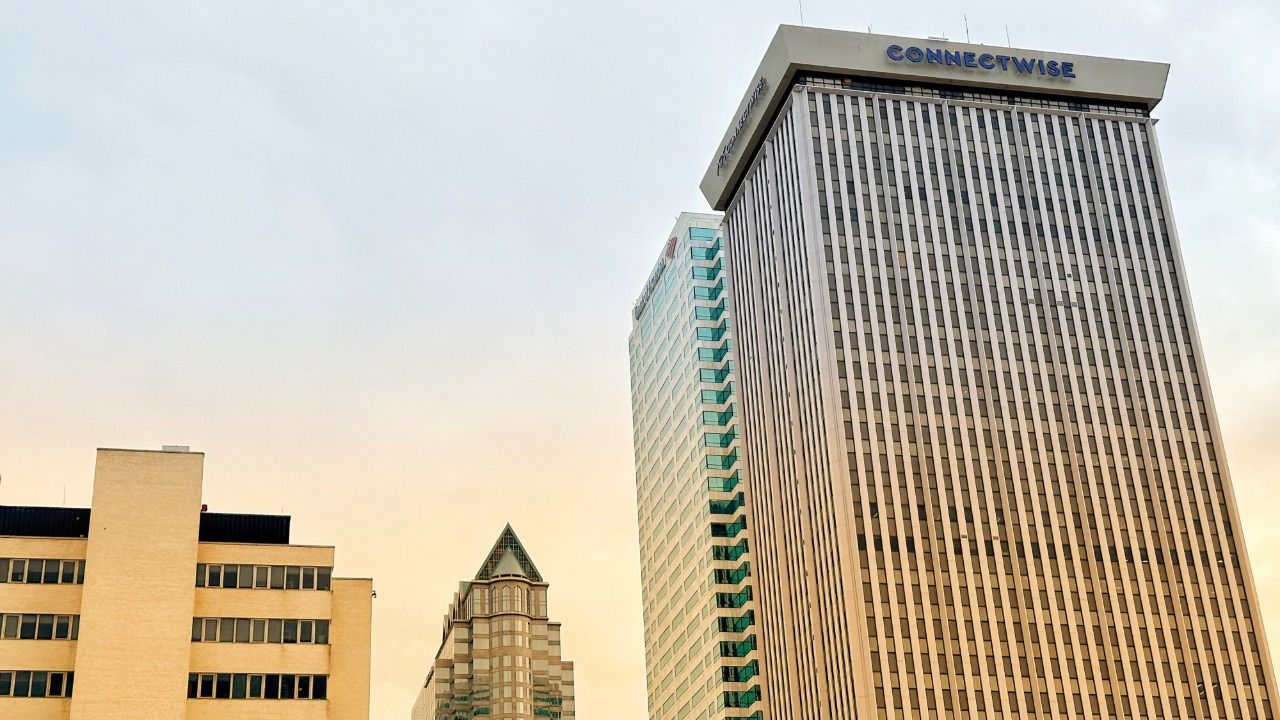 ConnectWise headquarters building in downtown Tampa, with the company's name displayed atop the office tower.