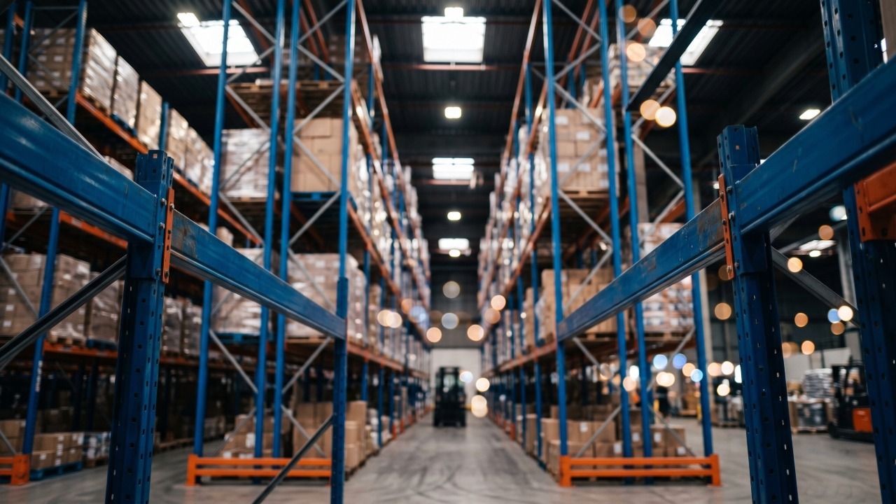 Interior of a large industrial warehouse with tall blue and orange storage racks filled with pallets and boxes.