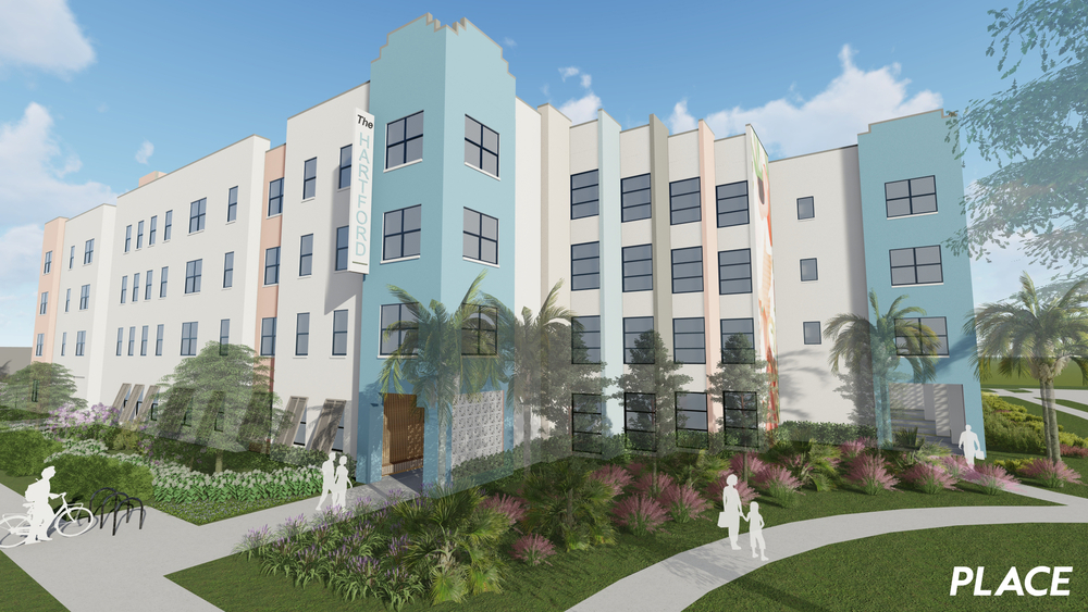 Architectural rendering of The Hartford Apartments, a planned four-story affordable housing development in St. Petersburg.